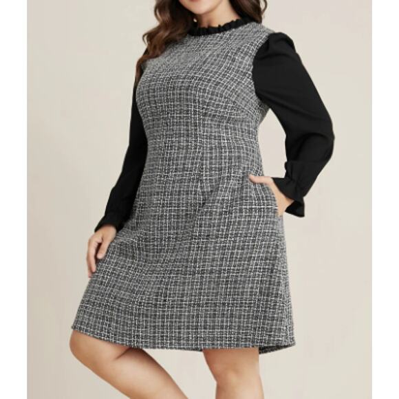 BloomChic Dresses & Skirts - BLOOMCHIC 22-24 3X Plus Patchwork Frill Trim Mock Neck Tweed Knee Dress NWT B43